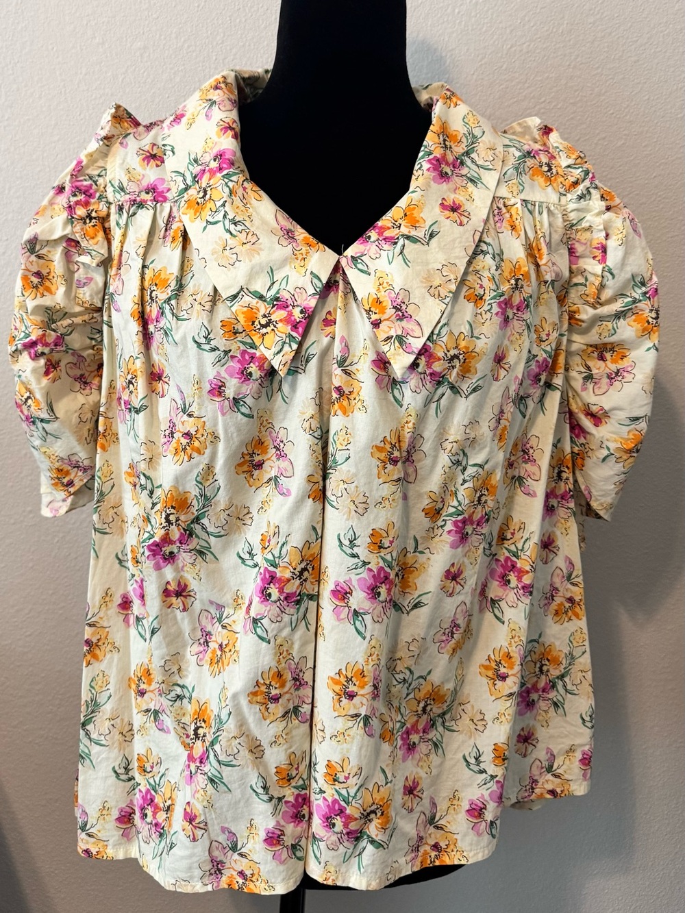 Entro Floral Babydoll Blouse Ruffle Collar Puff Sleeve Cottagecore Boho M